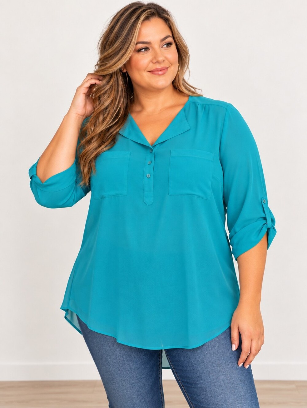 Maurices Plus Chiffon Roll Tab Sleeve Tunic Blouse Size 1X 16-18 Turquoise NWOT